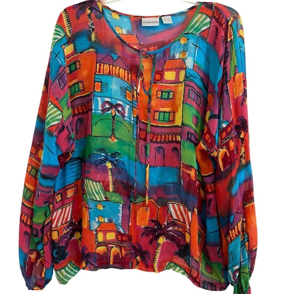 Chico's 100% Silk Tropical Town Graphic Print Long Sleeve Blouse Sz 3 Vintage